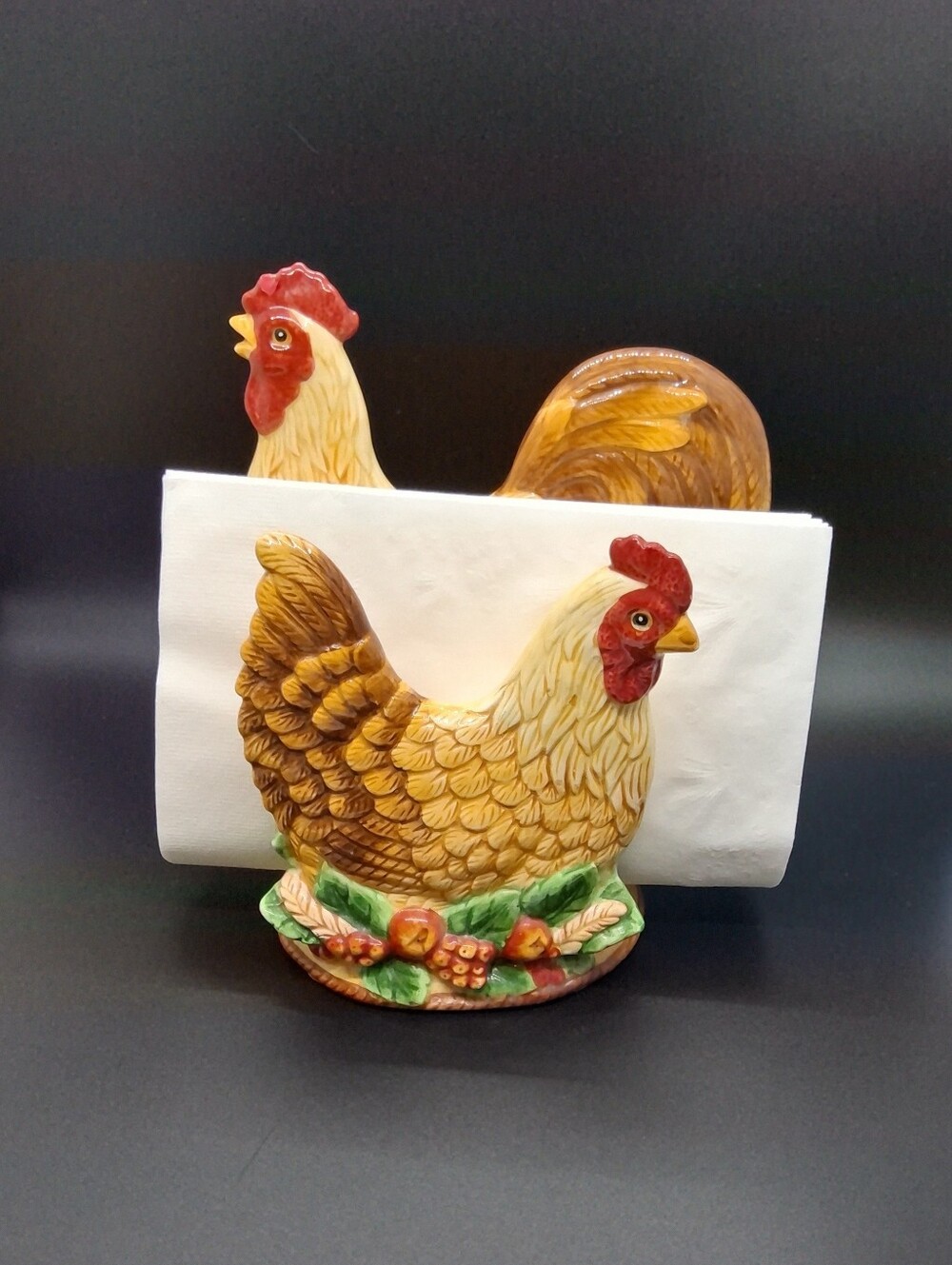 Vtg FITZ AND FLOYD Del Vino: Rooster with Chick Napkin Holder, Colorful Vibrant